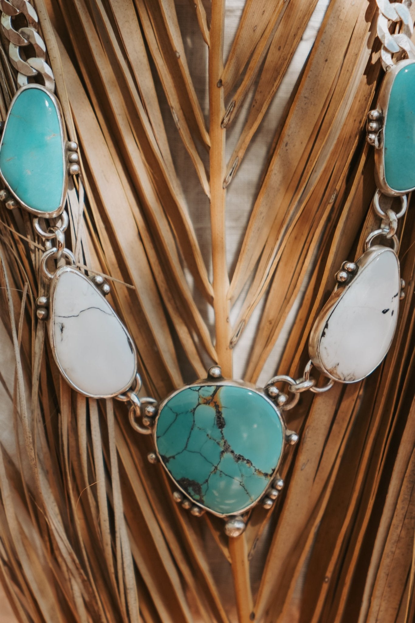 Statement Necklace in White Buffalo, Hubei, & Campitos Turquoise - Golden Road Crafted