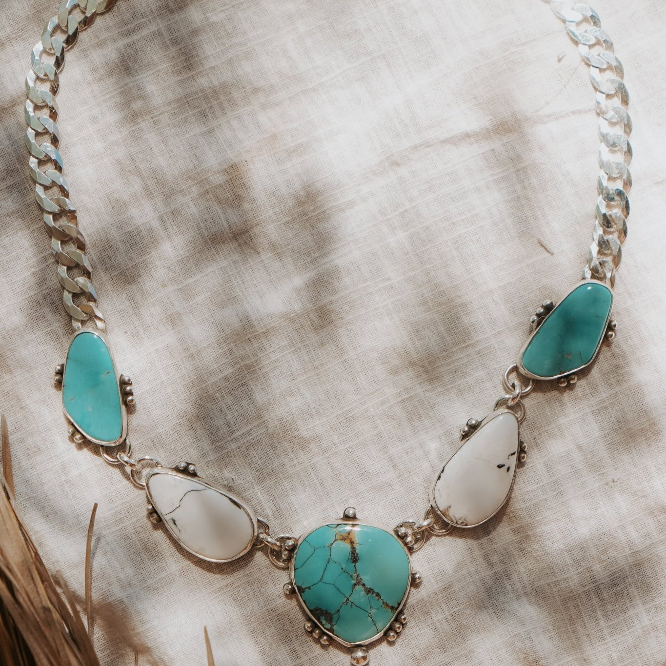 Statement Necklace in White Buffalo, Hubei, & Campitos Turquoise - Golden Road Crafted