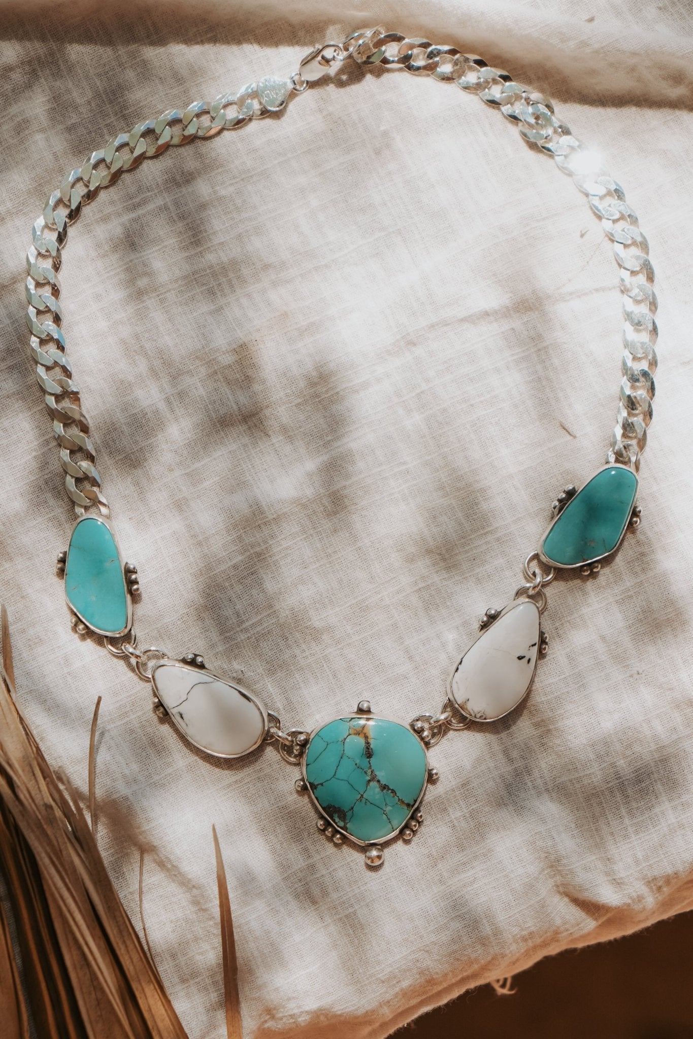 Statement Necklace in White Buffalo, Hubei, & Campitos Turquoise - Golden Road Crafted