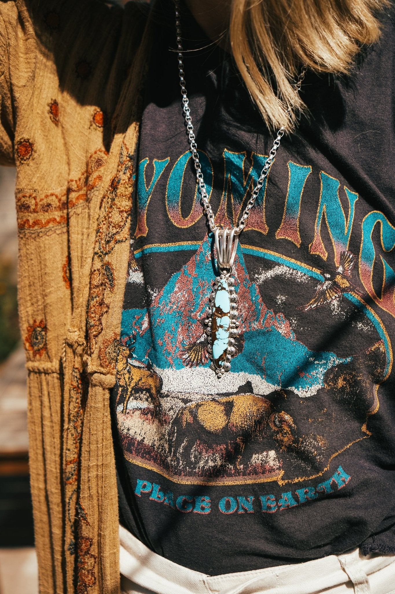 Statement Pendant in Kingman Turquoise - Golden Road Crafted