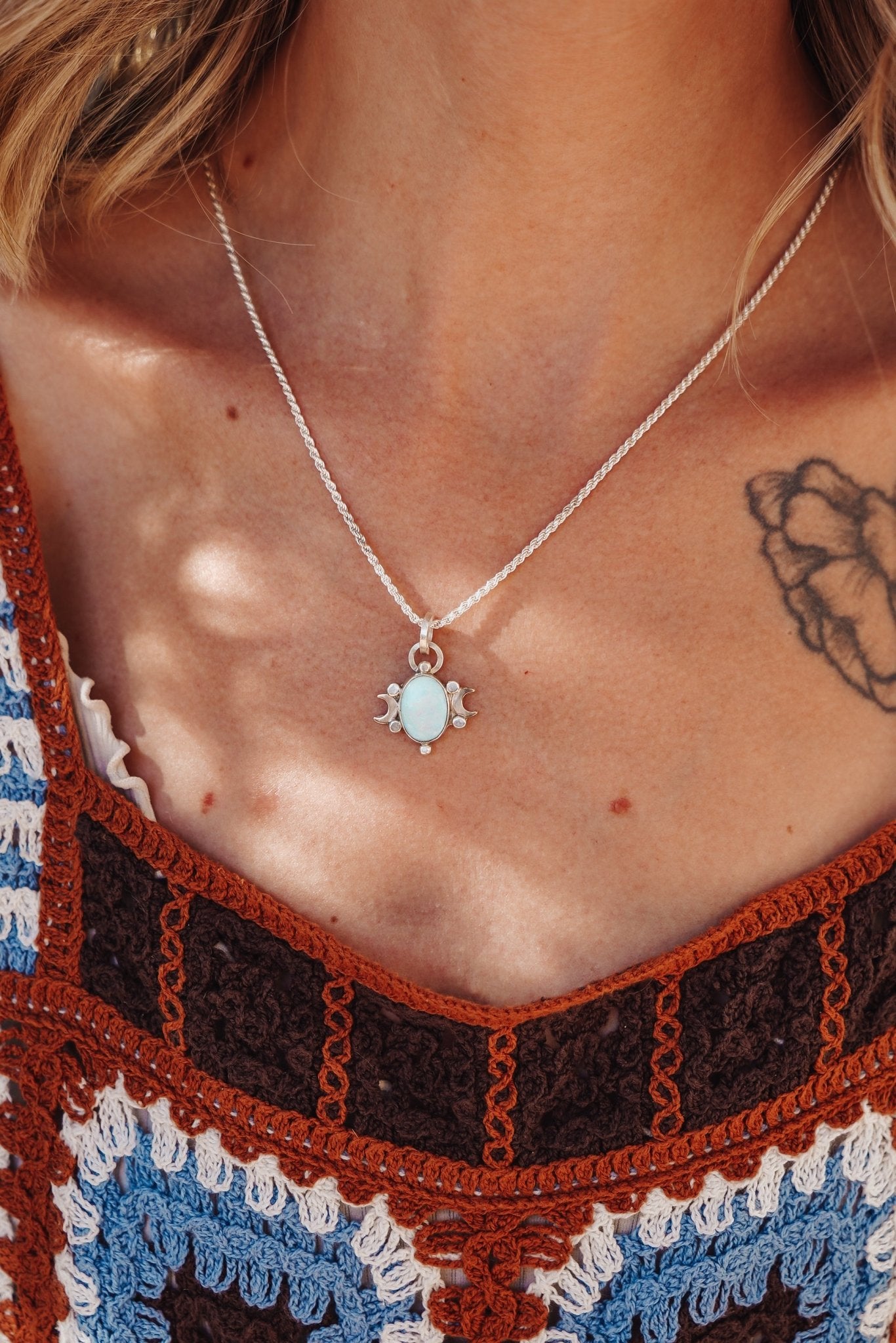 Sterling Opal Necklace w/ 14k Gold - Fill Moons - Golden Road Crafted