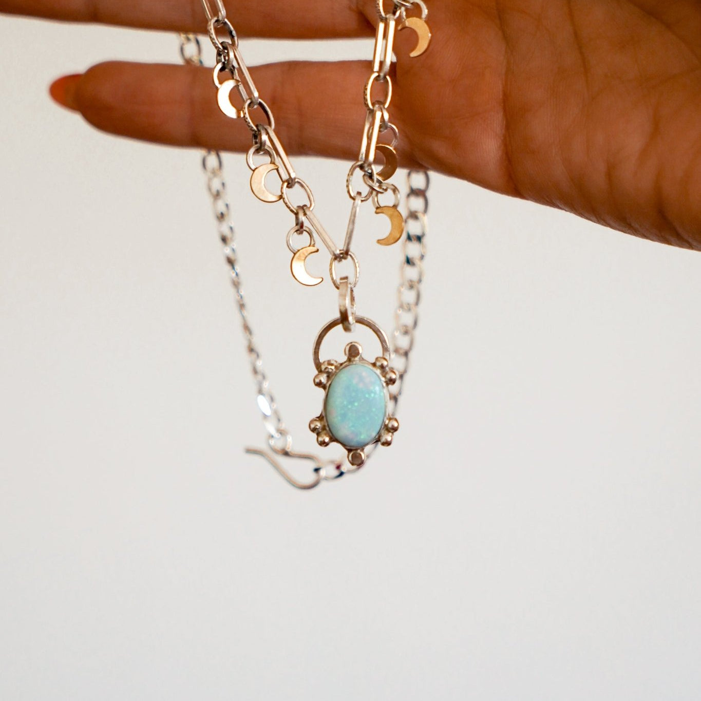 Sterling Opal Necklace w/ 14K Gold Fill Moons - Golden Road Crafted