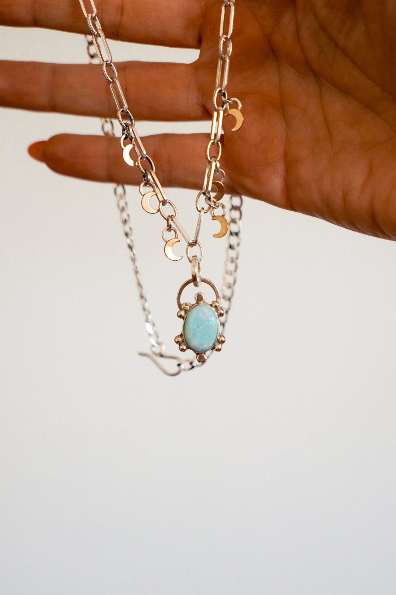 Sterling Opal Necklace w/ 14K Gold Fill Moons - Golden Road Crafted