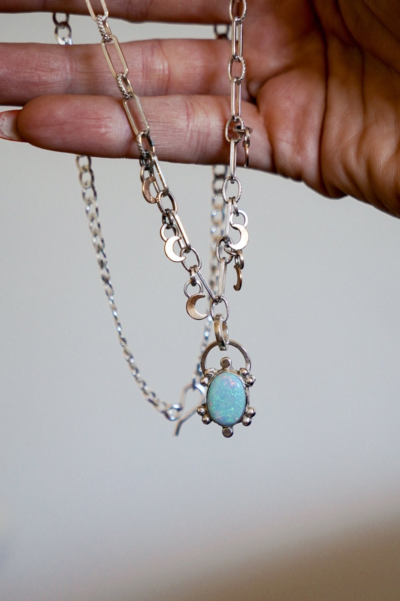 Sterling Opal Necklace w/ 14K Gold Fill Moons - Golden Road Crafted