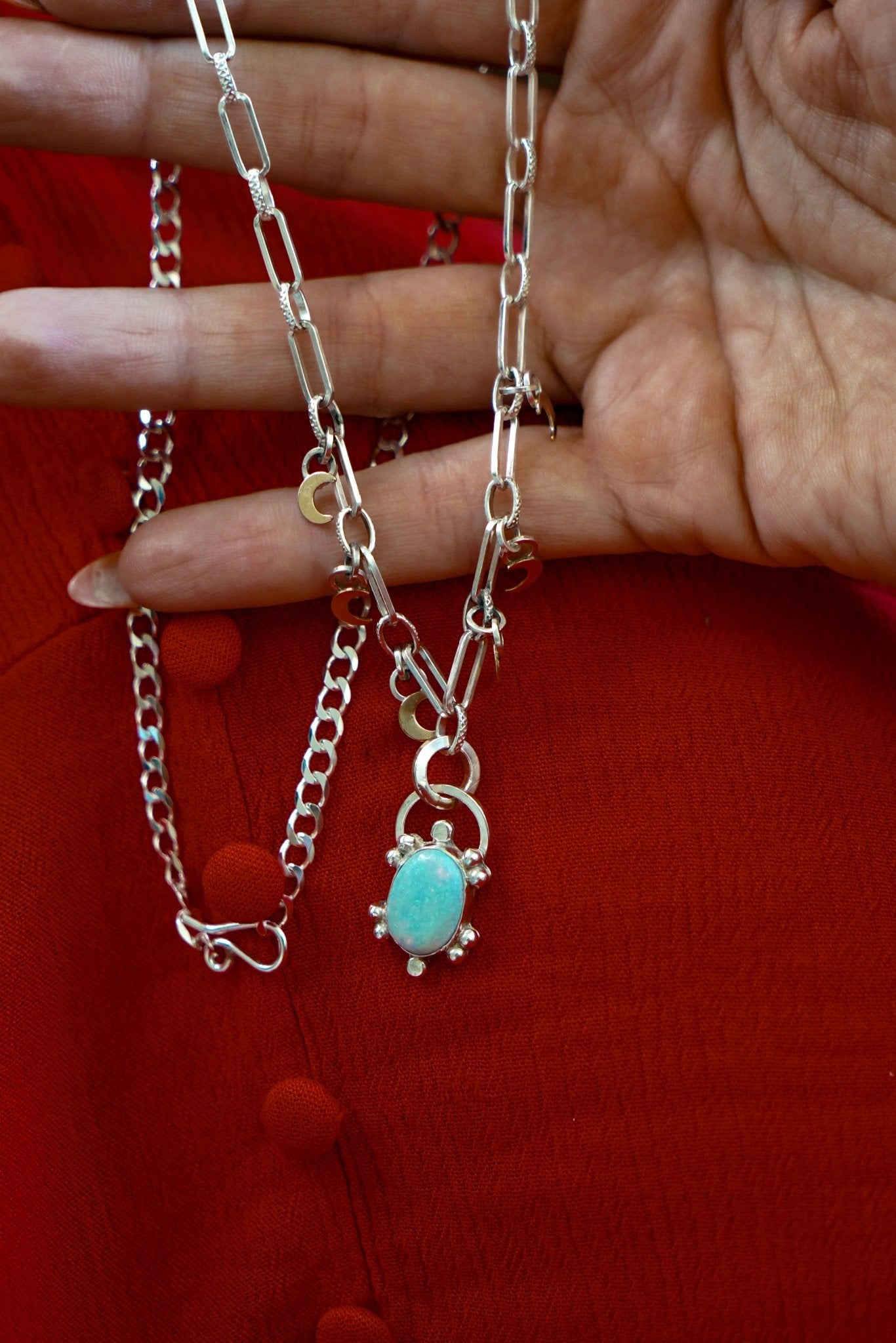 Sterling Opal Necklace w/ 14K Gold Fill Moons - Golden Road Crafted