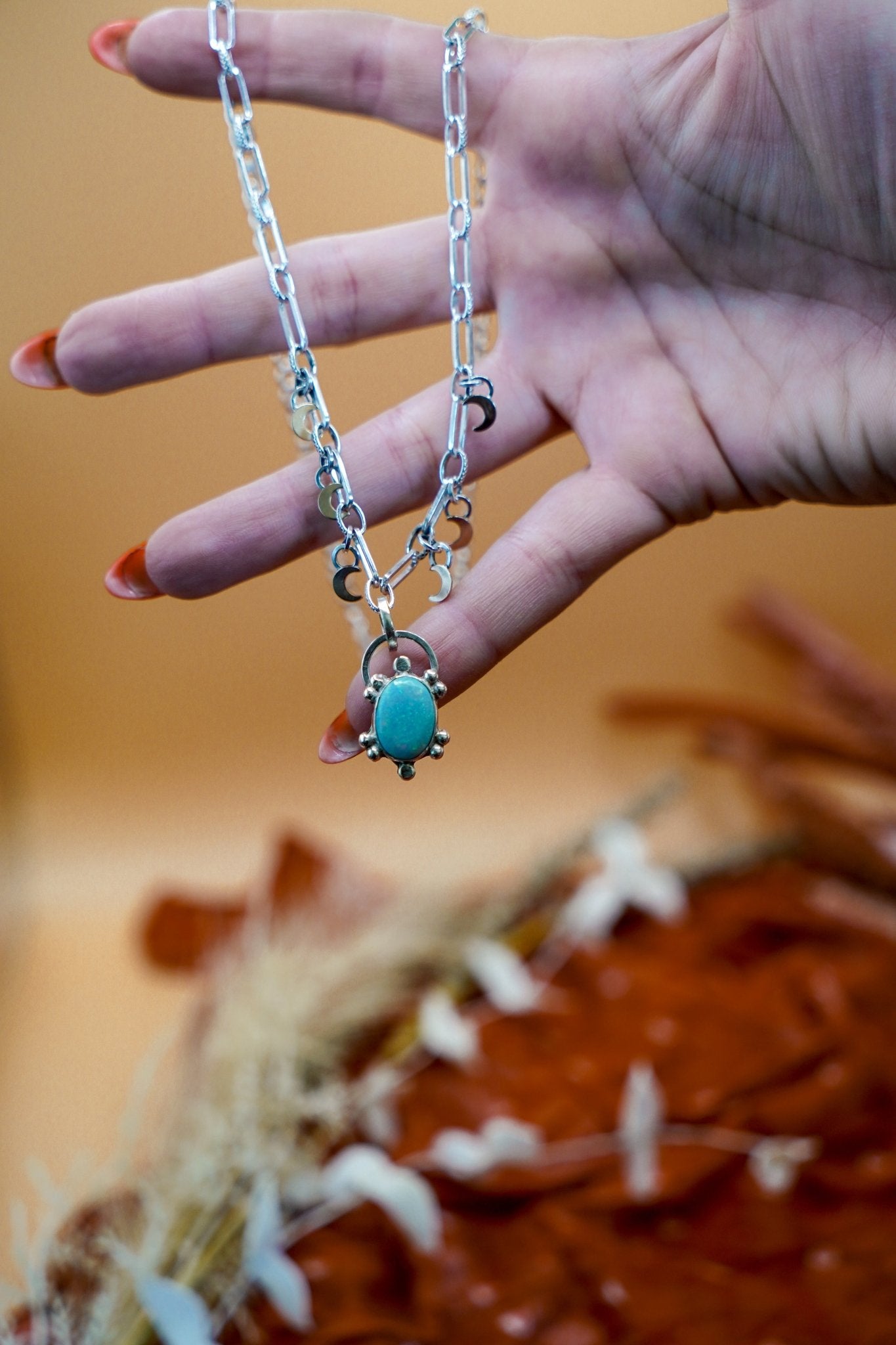 Sterling Opal Necklace w/ 14K Gold Fill Moons - Golden Road Crafted