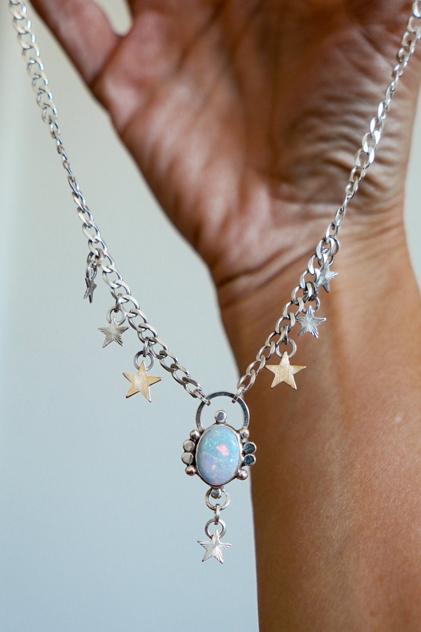 Sterling Opal Necklace w/ 14K Gold Fill stars - Golden Road Crafted