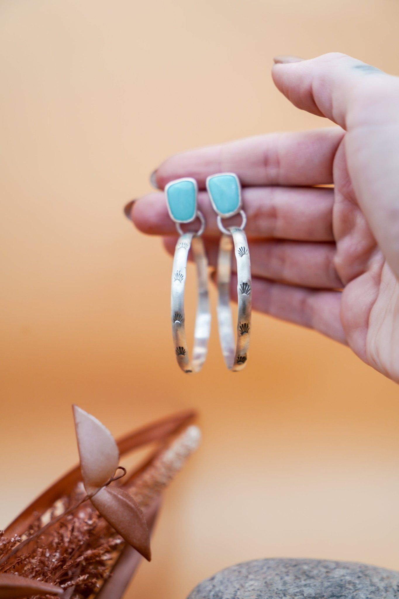 Stud Hoop Earrings in Campitos Turquoise - Golden Road Crafted