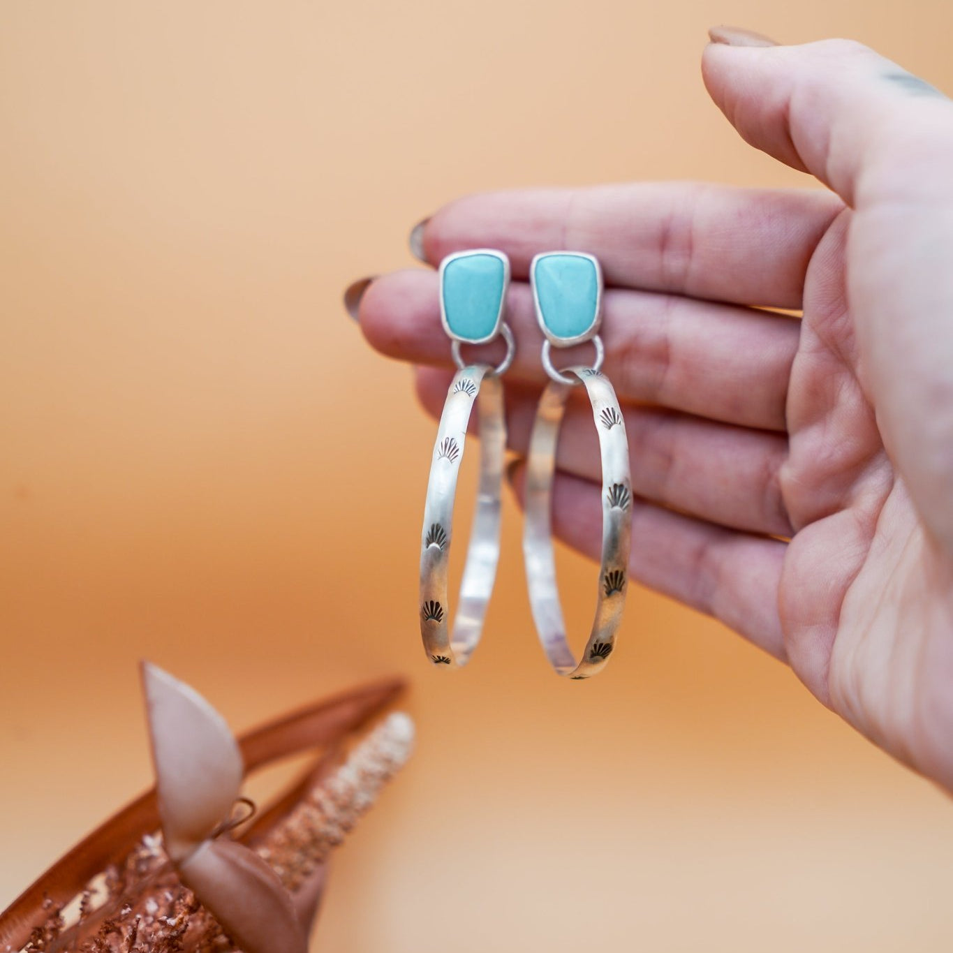 Stud Hoop Earrings in Campitos Turquoise - Golden Road Crafted