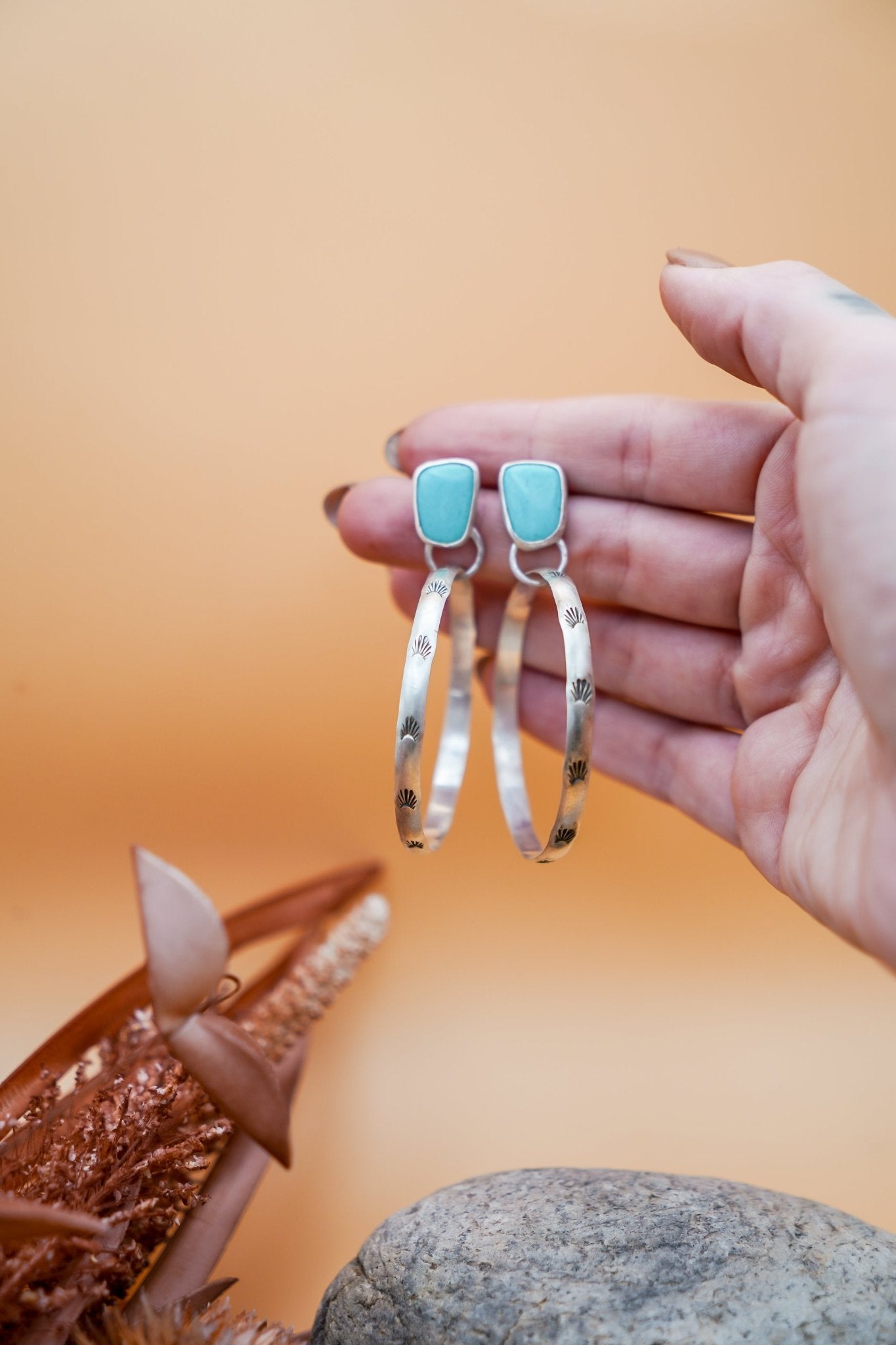 Stud Hoop Earrings in Campitos Turquoise - Golden Road Crafted