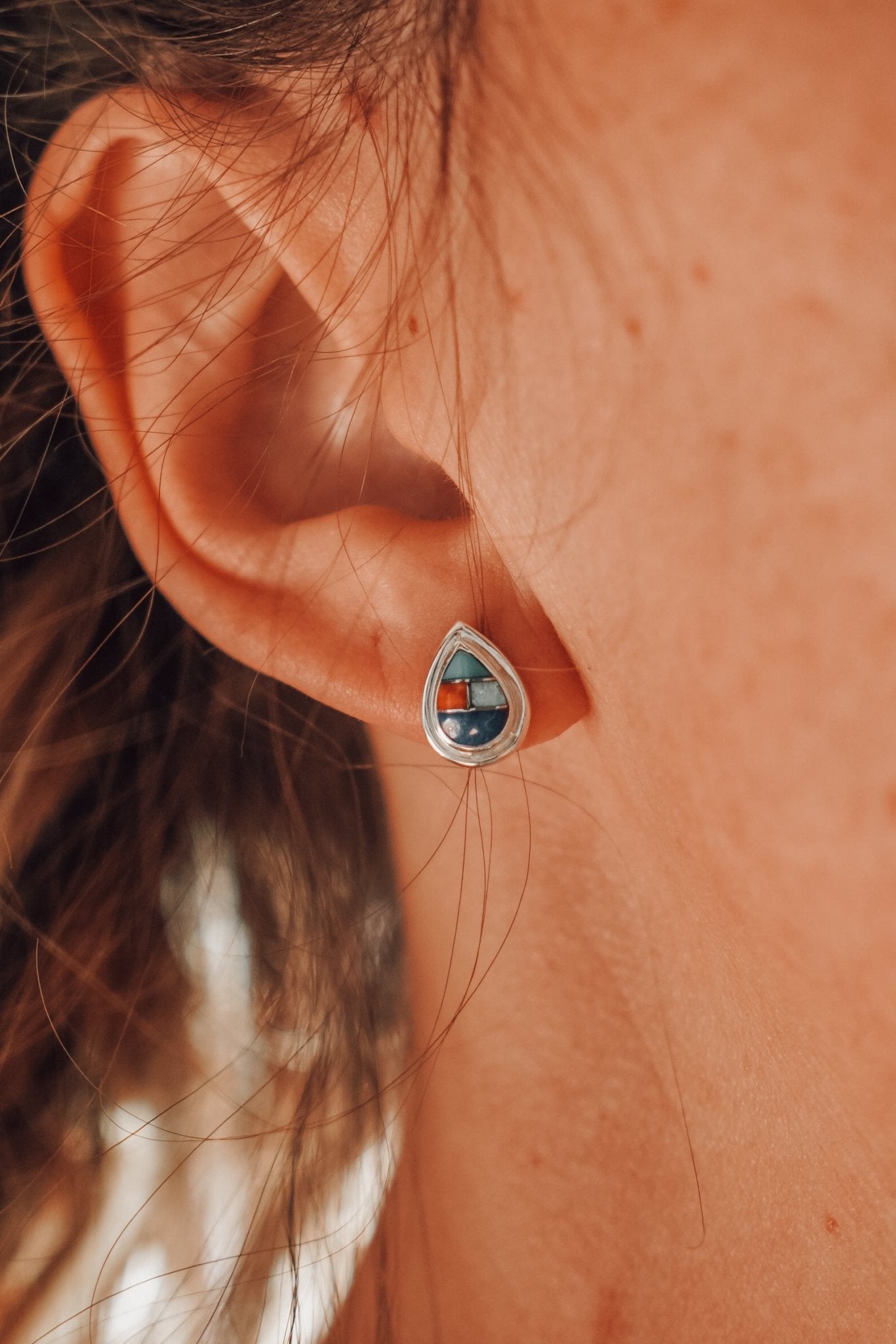 Teardrop Inlay Studs in Spiny Oyster & Opal - Golden Road Crafted