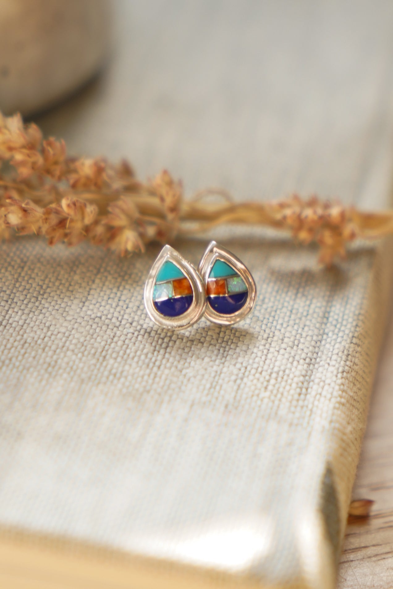 Teardrop Inlay Studs in Spiny Oyster & Opal - Golden Road Crafted