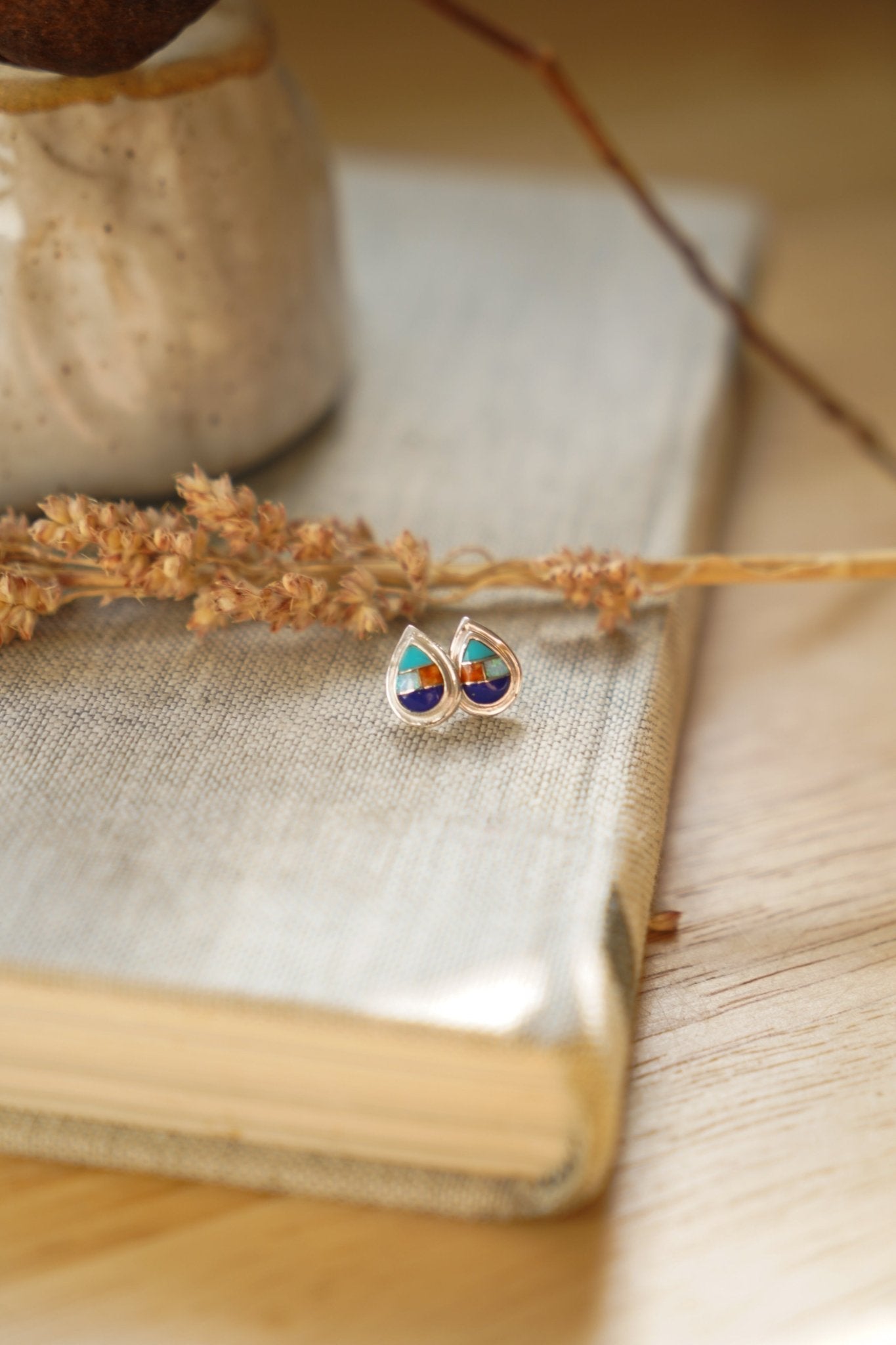 Teardrop Inlay Studs in Spiny Oyster & Opal - Golden Road Crafted