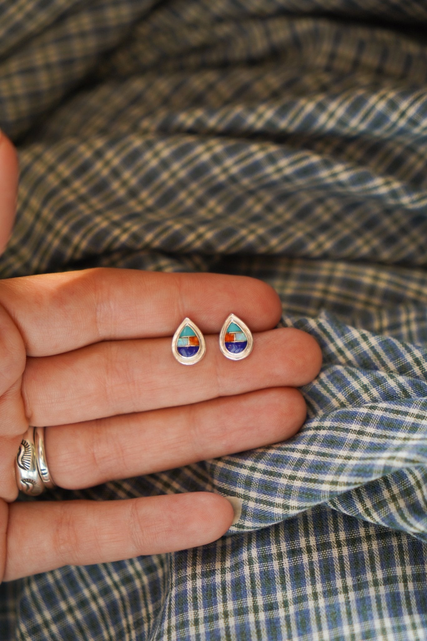 Teardrop Inlay Studs in Spiny Oyster & Opal - Golden Road Crafted