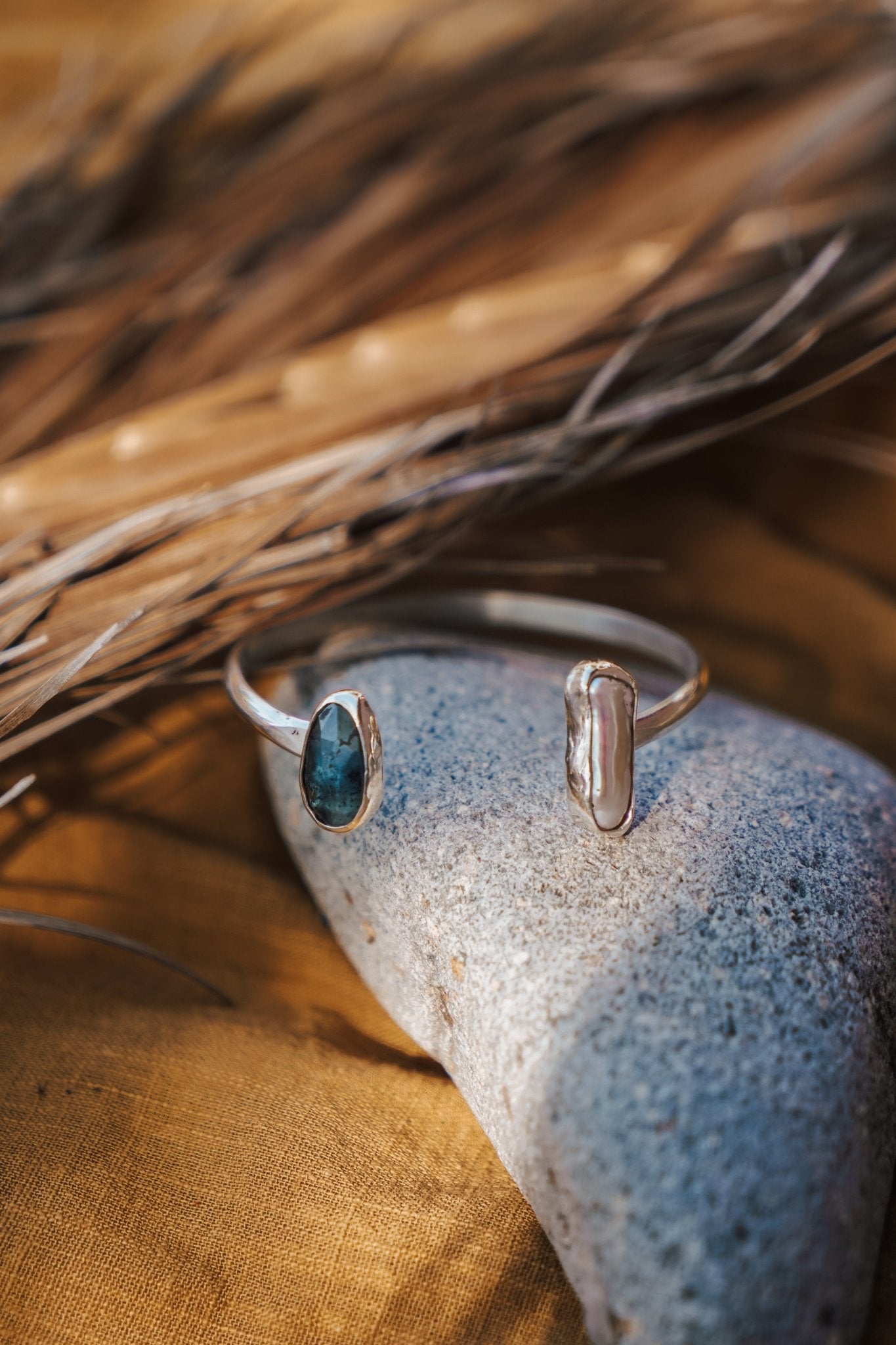 The Canyon Wrap Cuff in Pearl & Kyanite - Golden Road Crafted