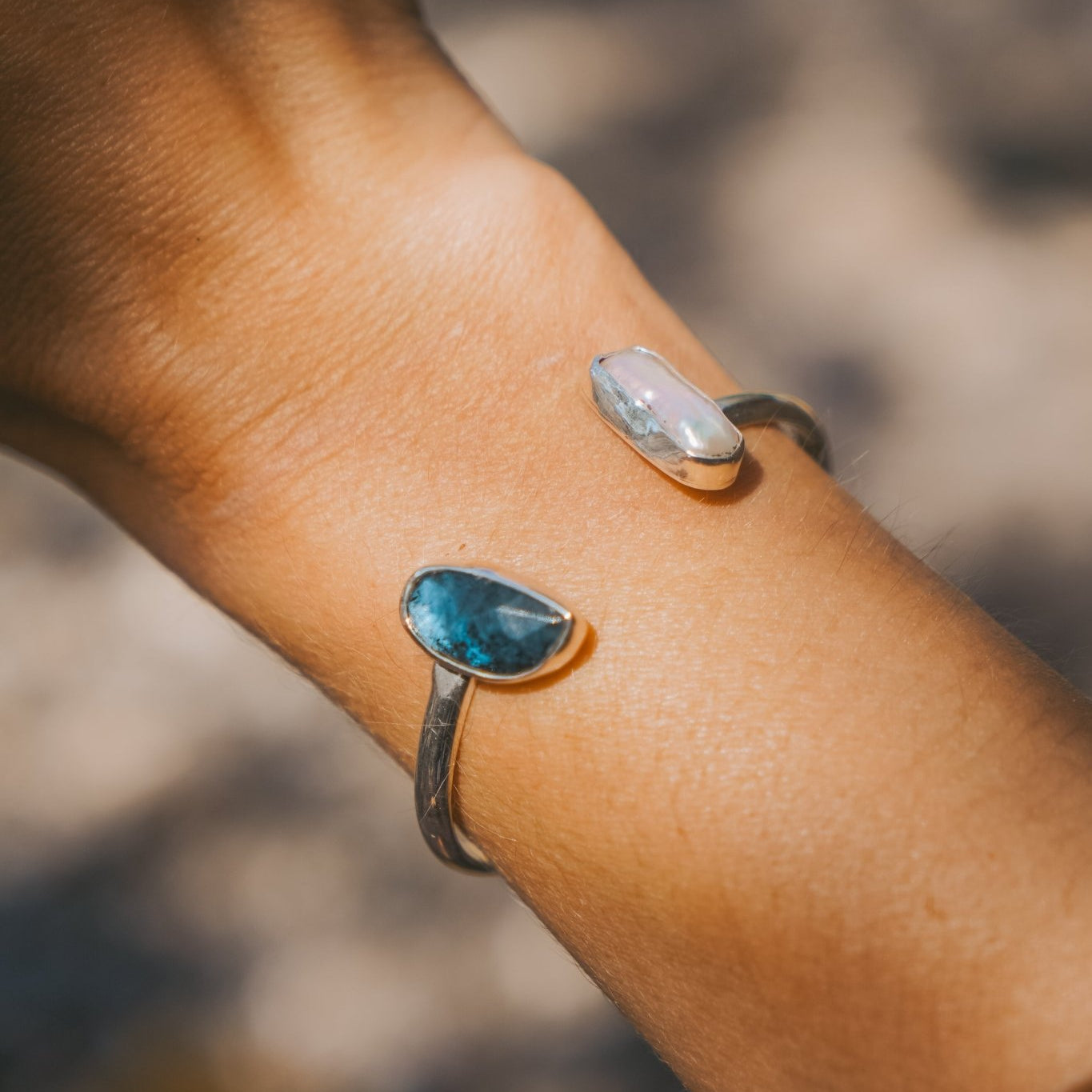 The Canyon Wrap Cuff in Pearl & Kyanite - Golden Road Crafted