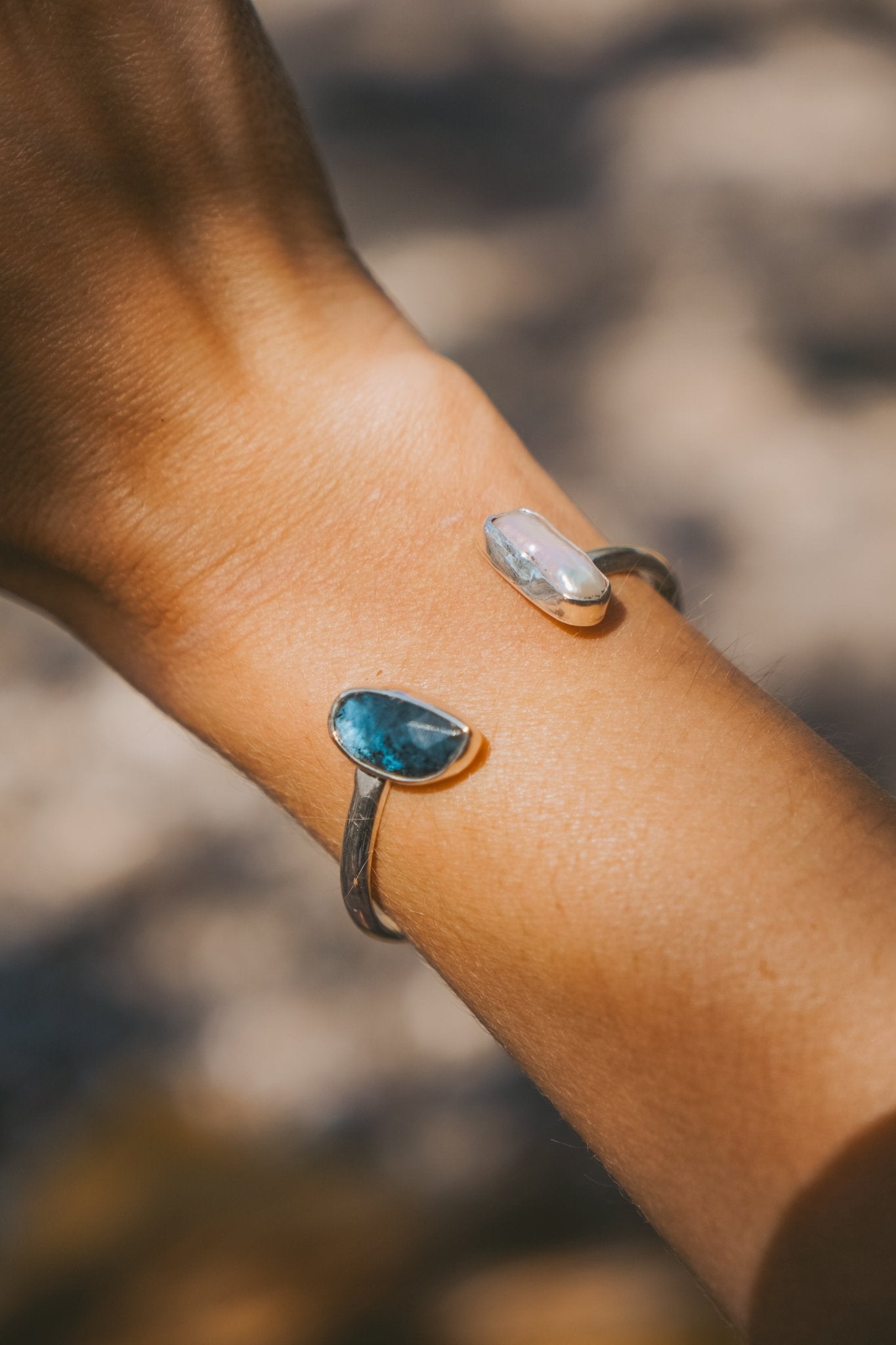 The Canyon Wrap Cuff in Pearl & Kyanite - Golden Road Crafted