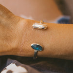 The Canyon Wrap Cuff in Pearl & Kyanite - Golden Road Crafted