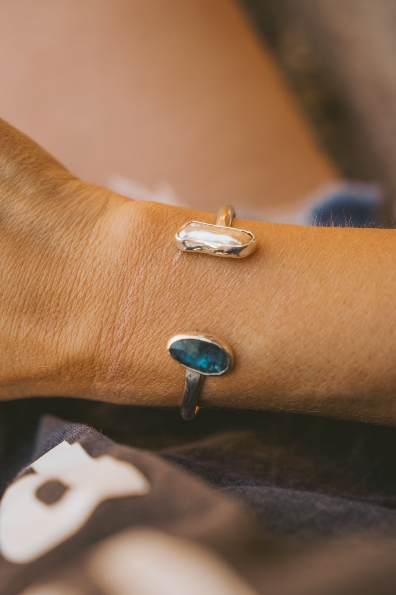 The Canyon Wrap Cuff in Pearl & Kyanite - Golden Road Crafted