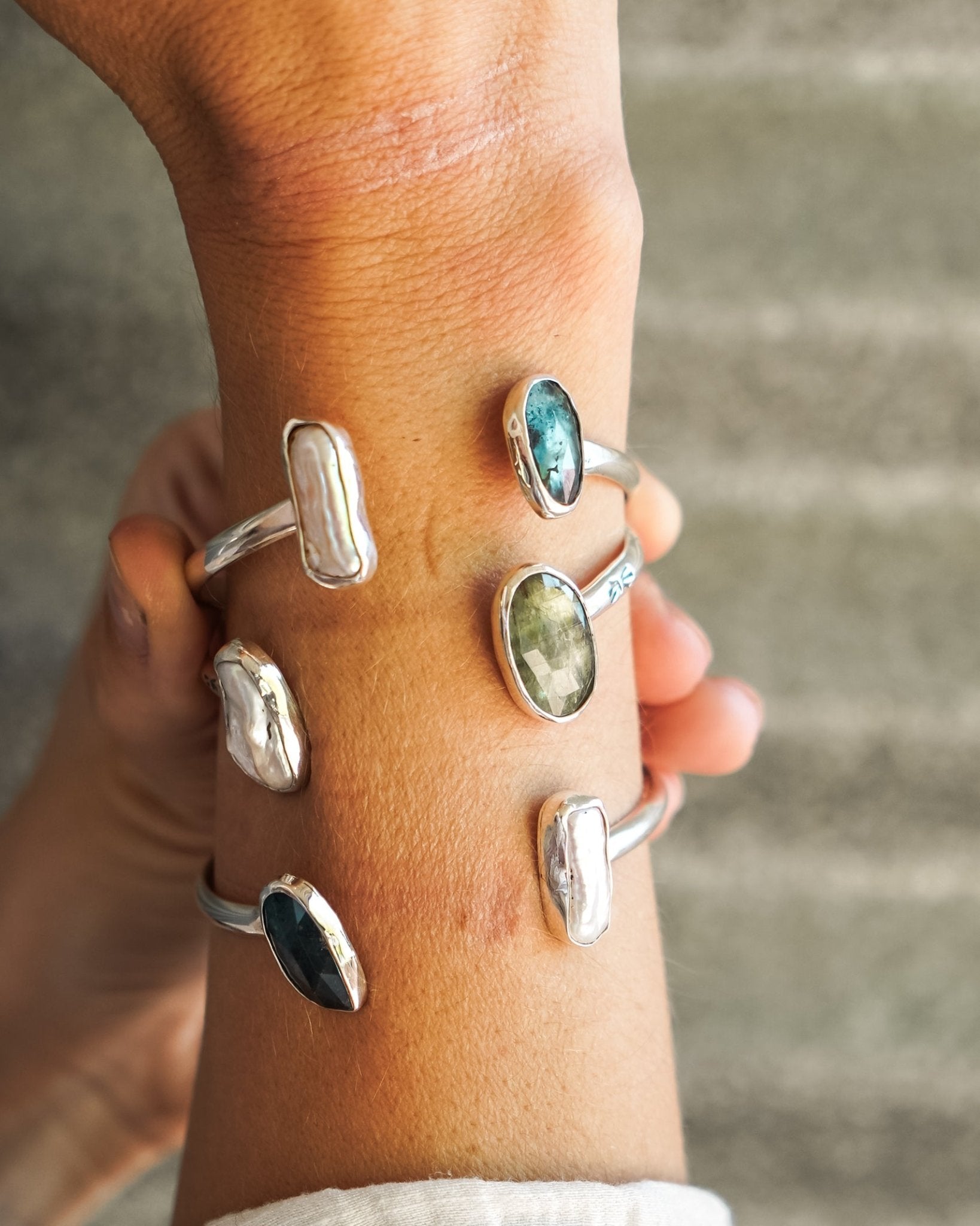 The Canyon Wrap Cuff in Pearl & Kyanite - Golden Road Crafted