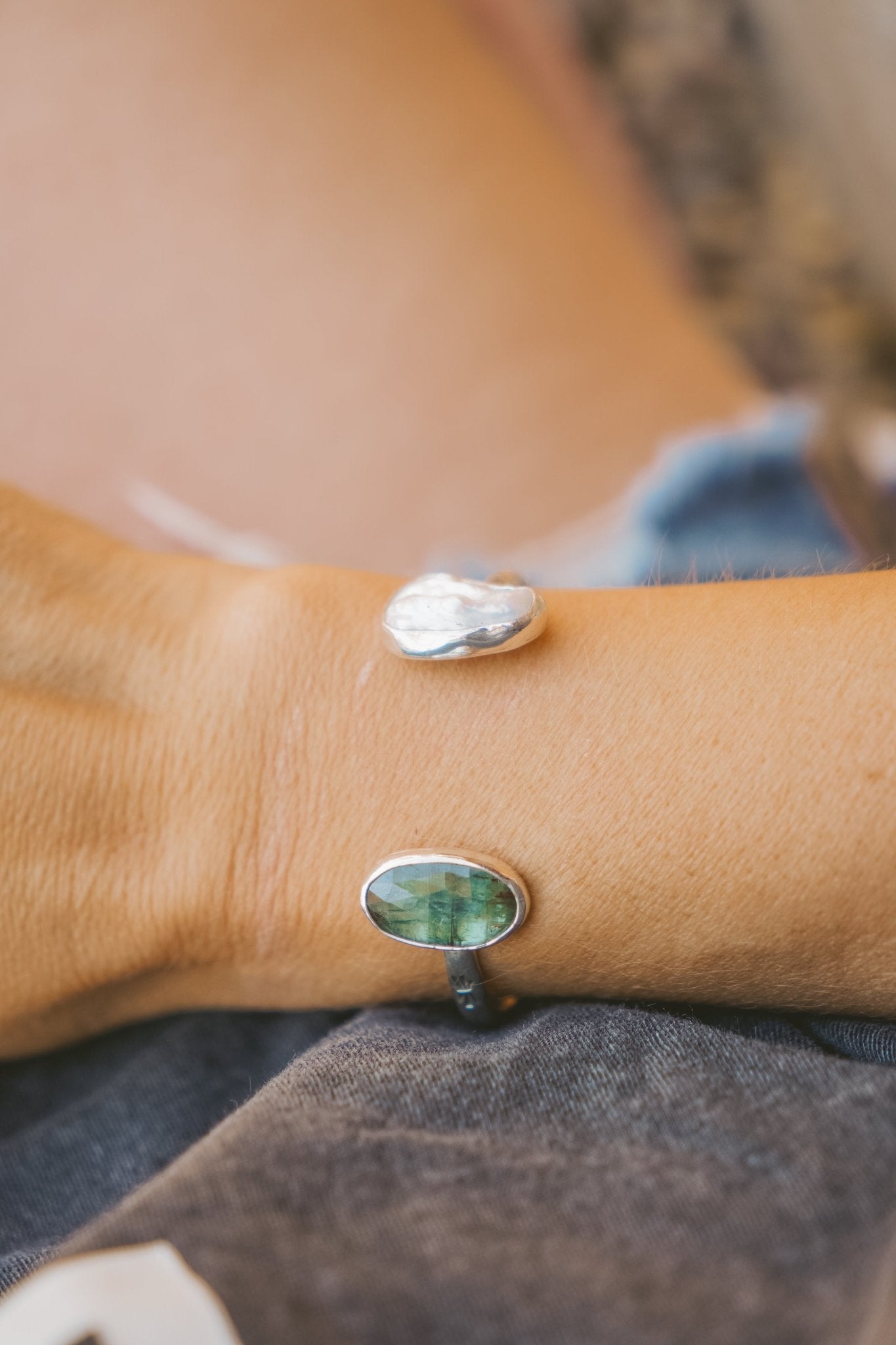 The Canyon Wrap Cuff in Pearl & Kyanite - Golden Road Crafted