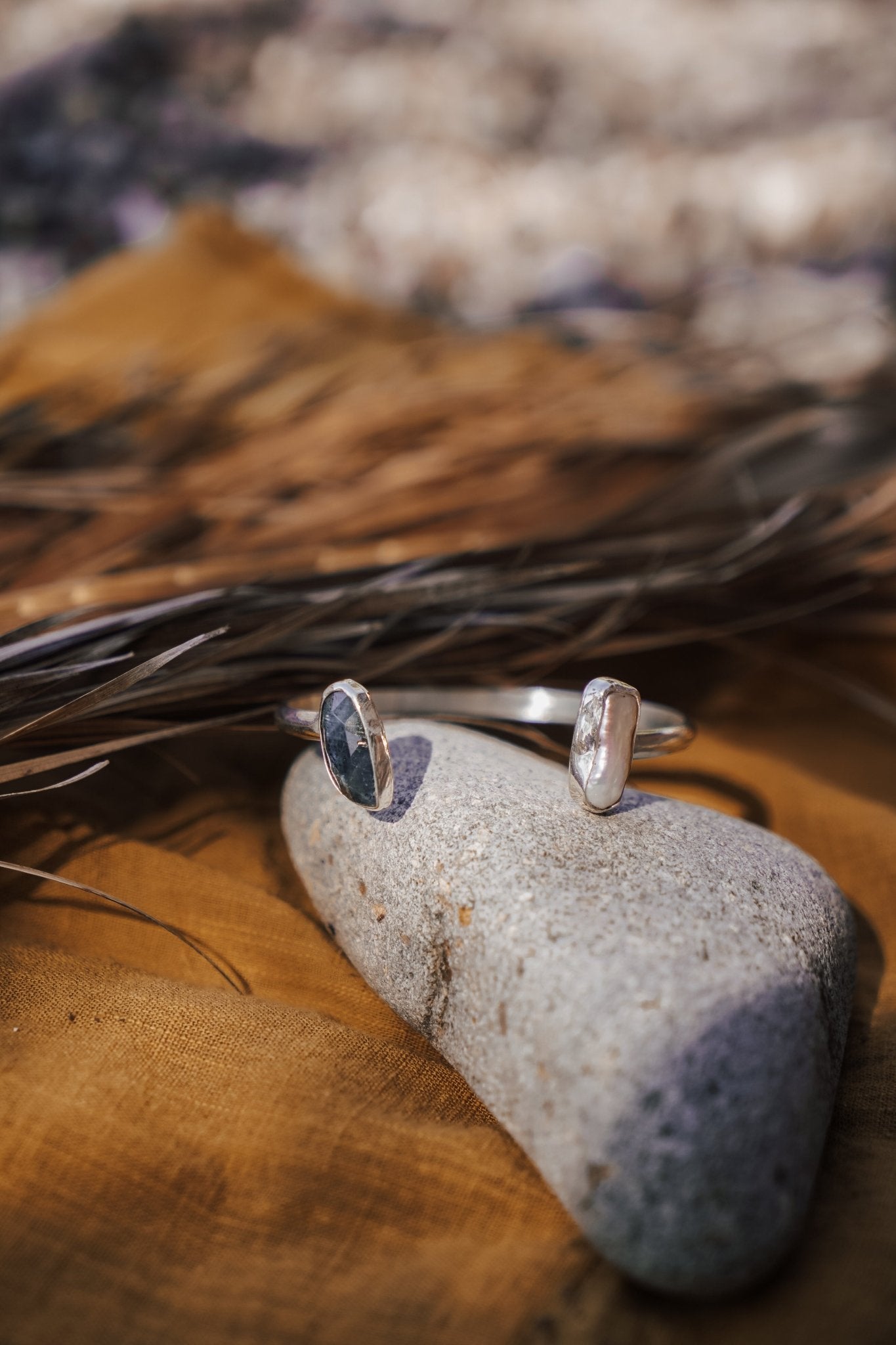 The Canyon Wrap Cuff in Pearl & Kyanite - Golden Road Crafted