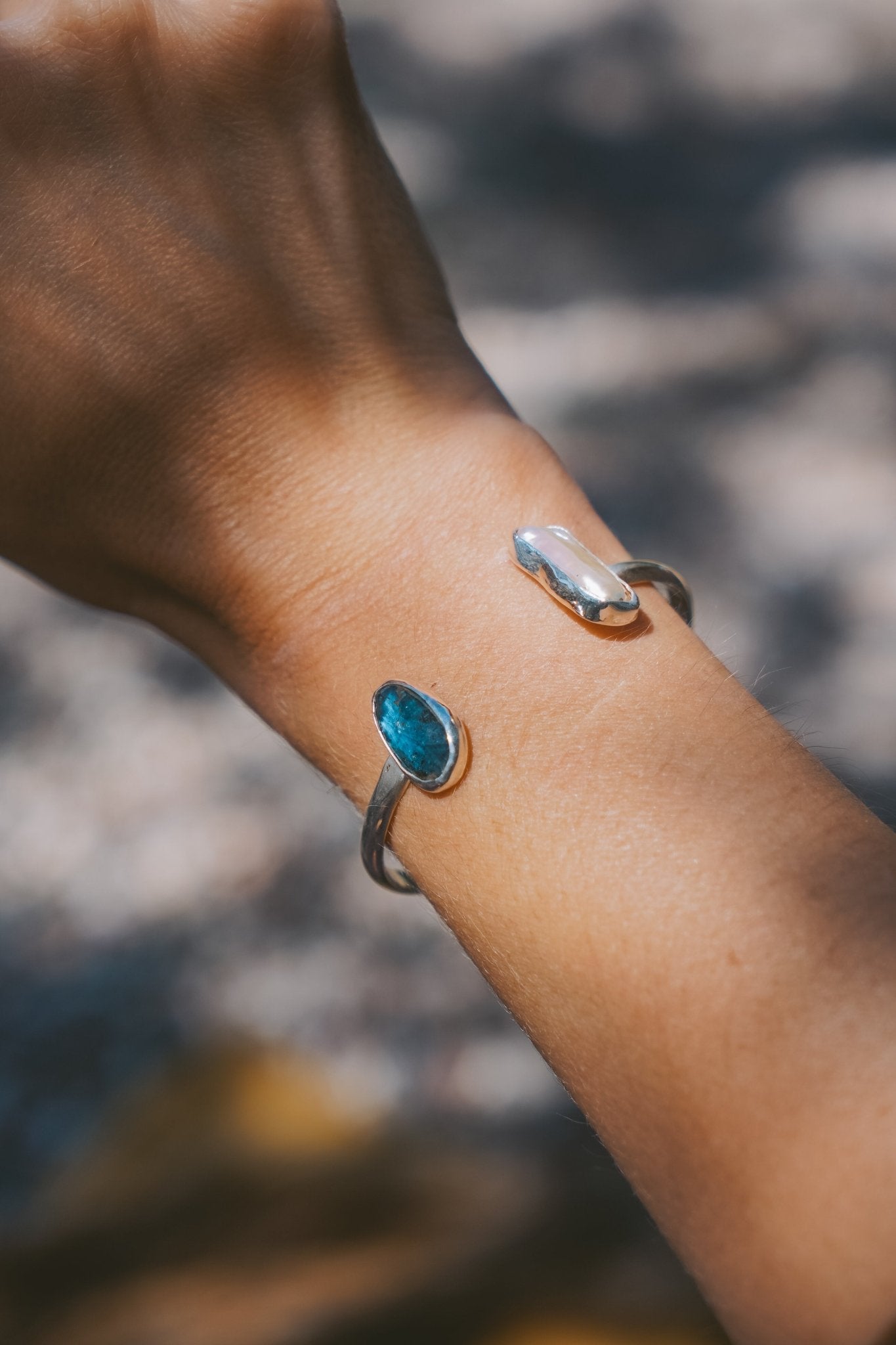 The Canyon Wrap Cuff in Pearl & Kyanite - Golden Road Crafted