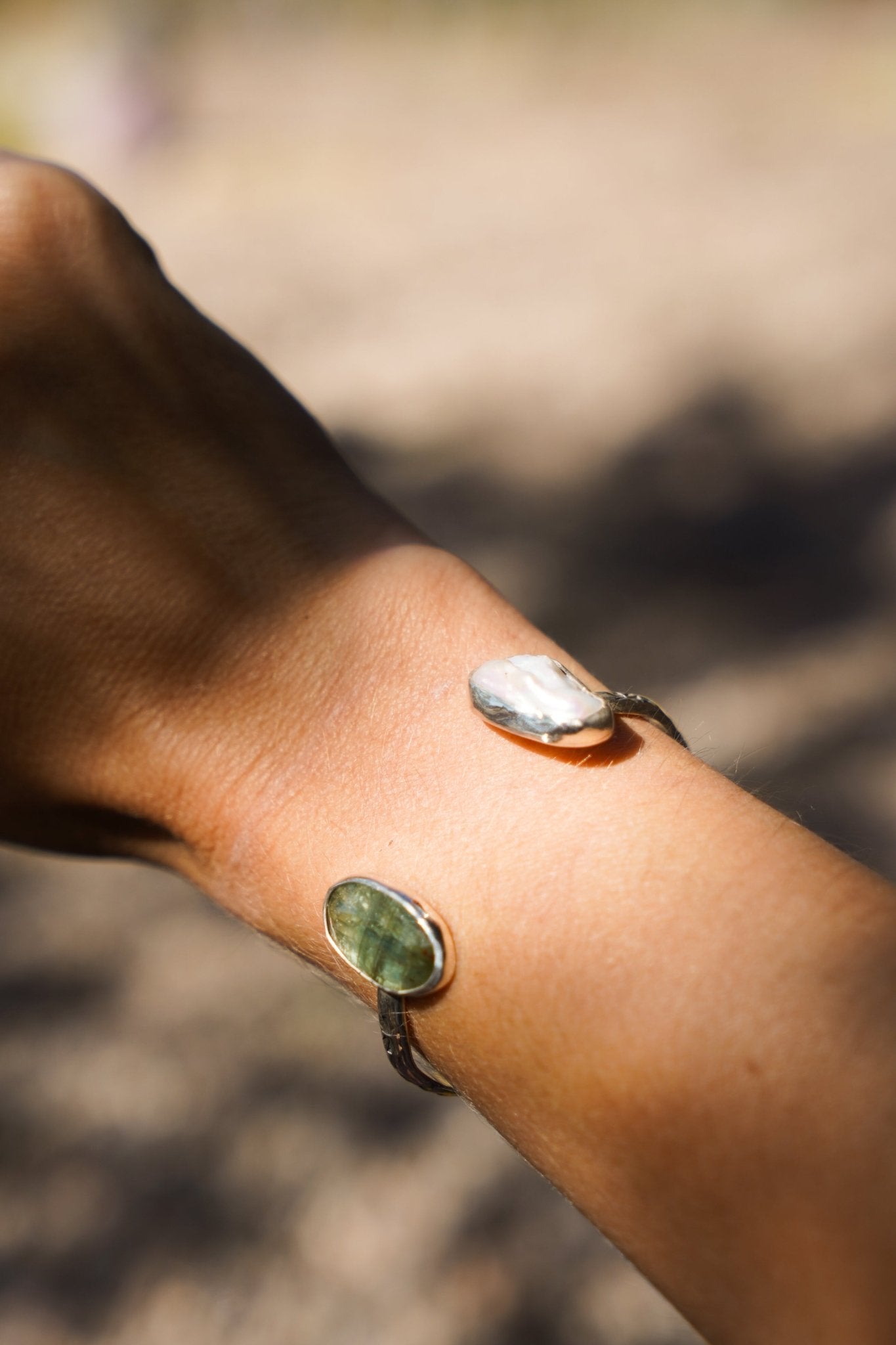 The Canyon Wrap Cuff in Pearl & Kyanite - Golden Road Crafted