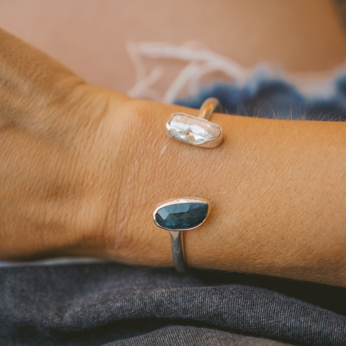 The Canyon Wrap Cuff in Pearl & Kyanite - Golden Road Crafted