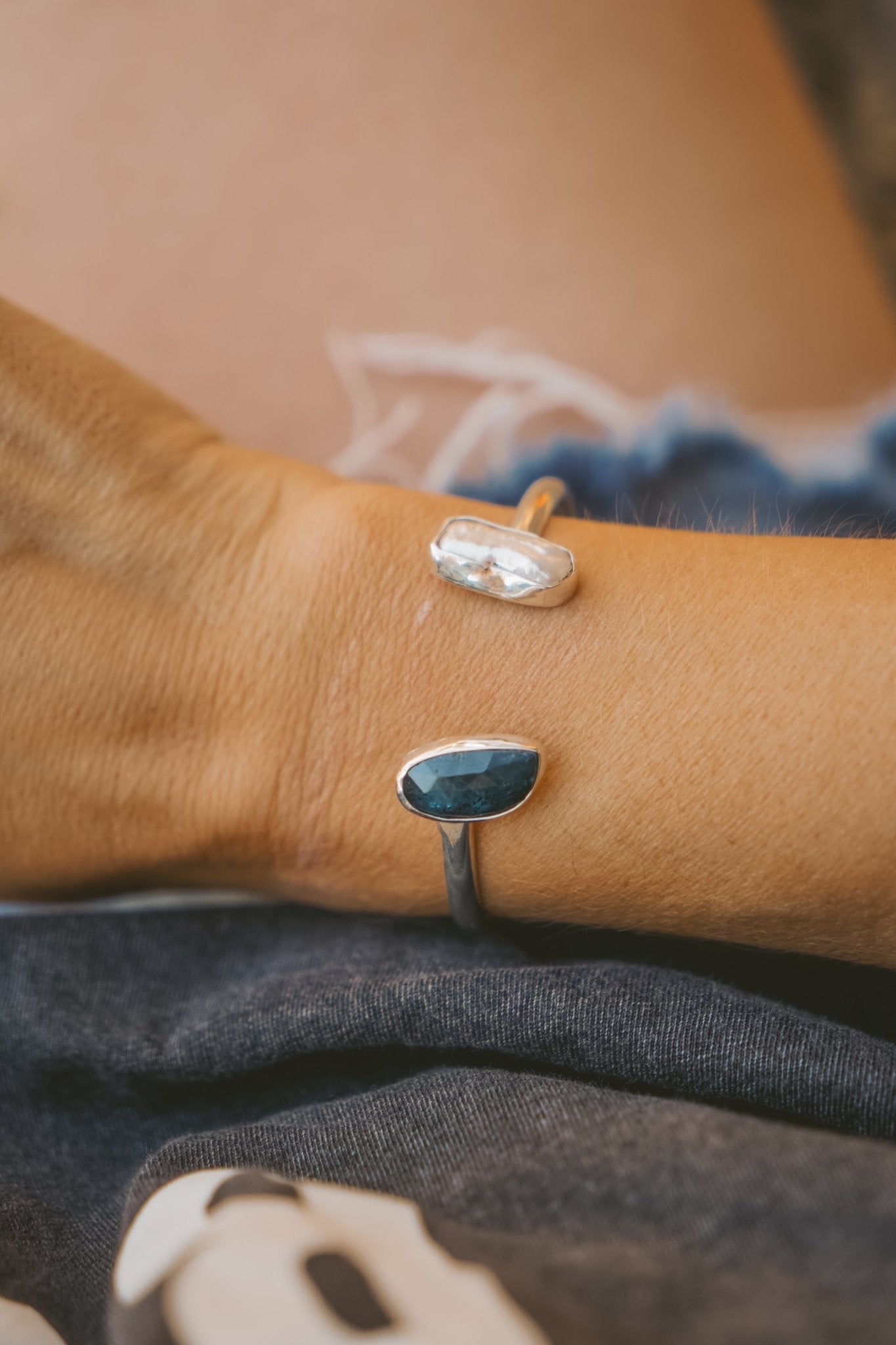 The Canyon Wrap Cuff in Pearl & Kyanite - Golden Road Crafted