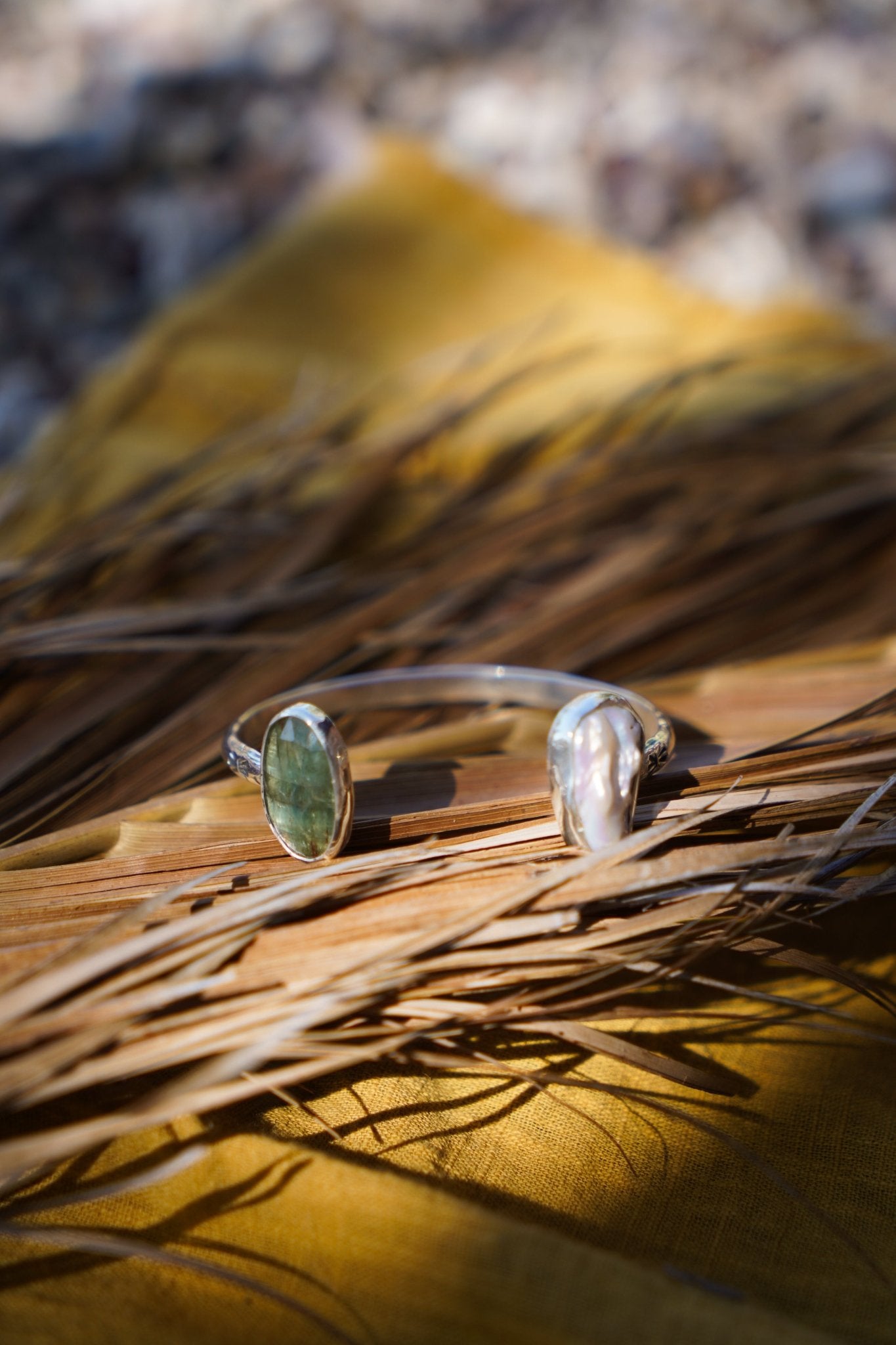 The Canyon Wrap Cuff in Pearl & Kyanite - Golden Road Crafted