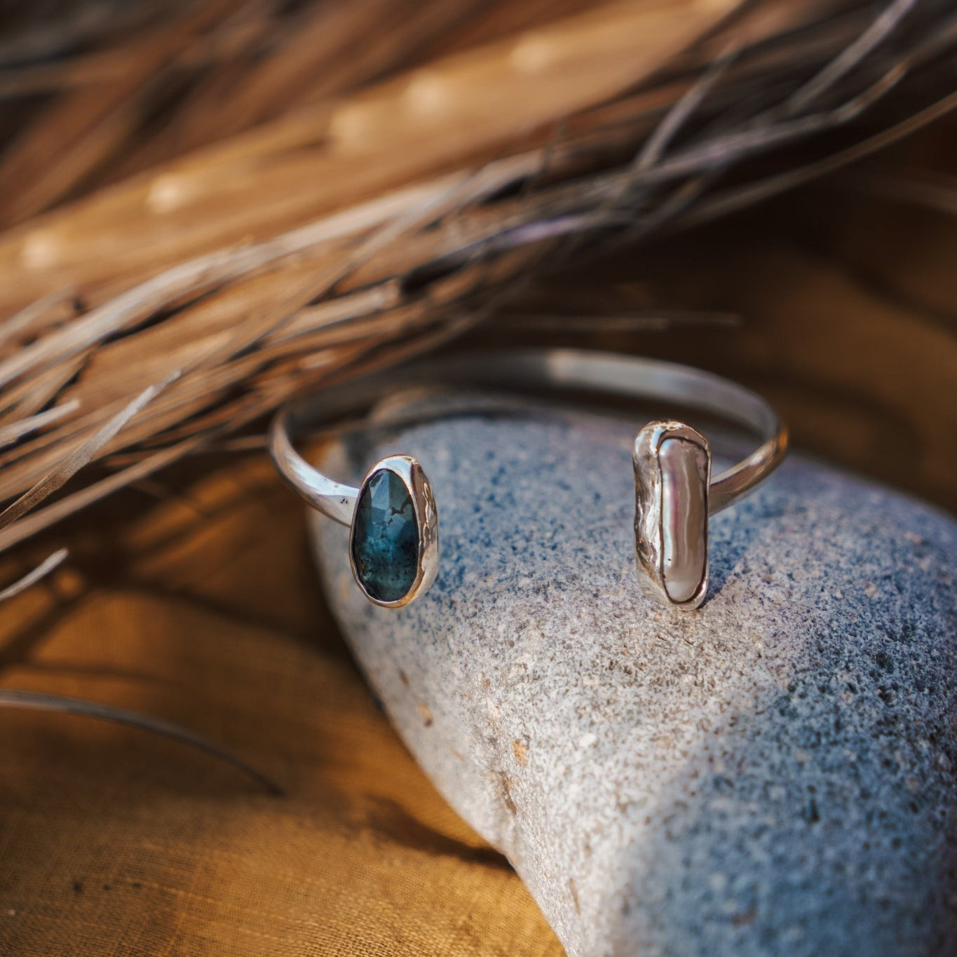 The Canyon Wrap Cuff in Pearl & Kyanite - Golden Road Crafted