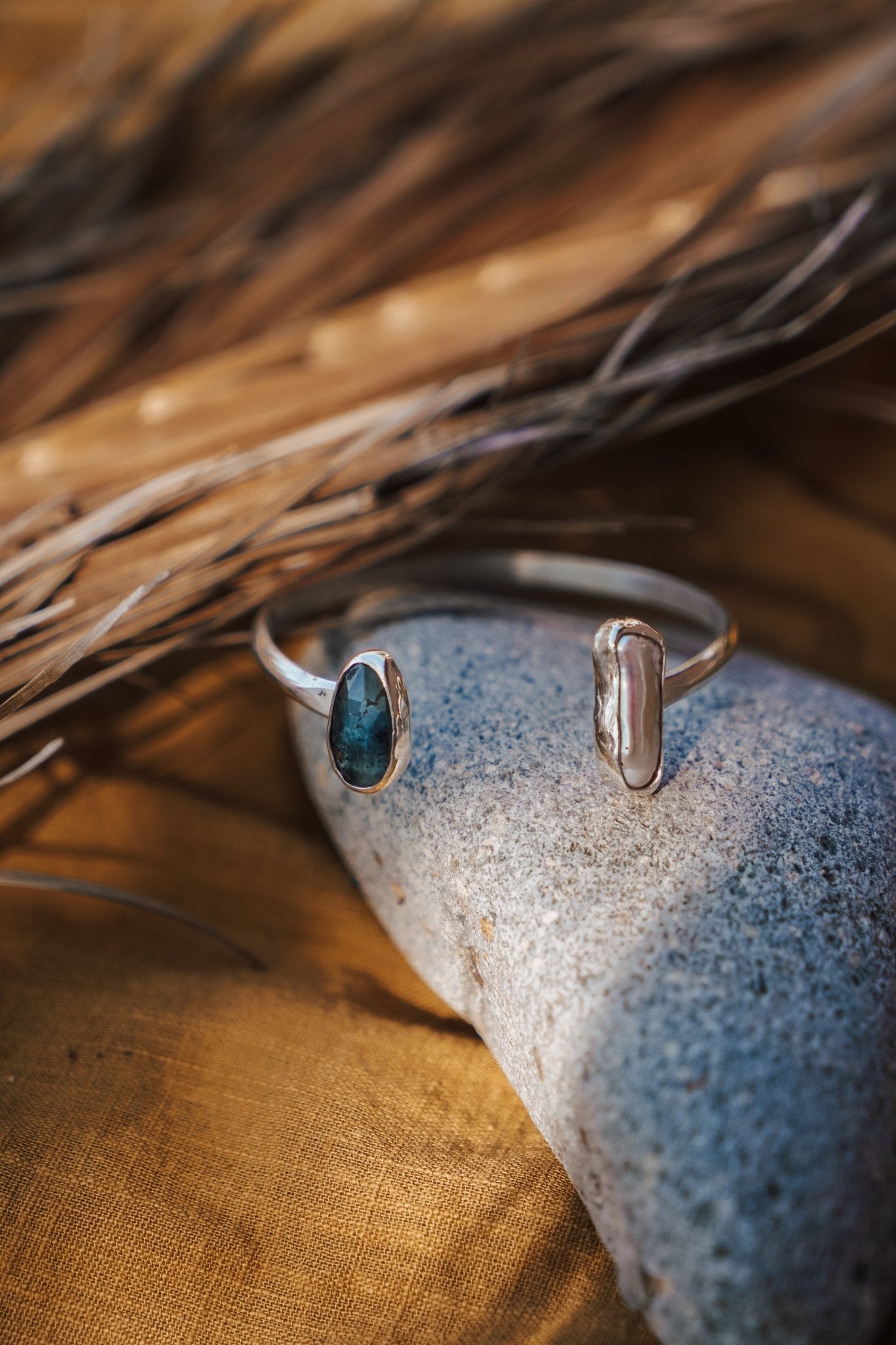 The Canyon Wrap Cuff in Pearl & Kyanite - Golden Road Crafted