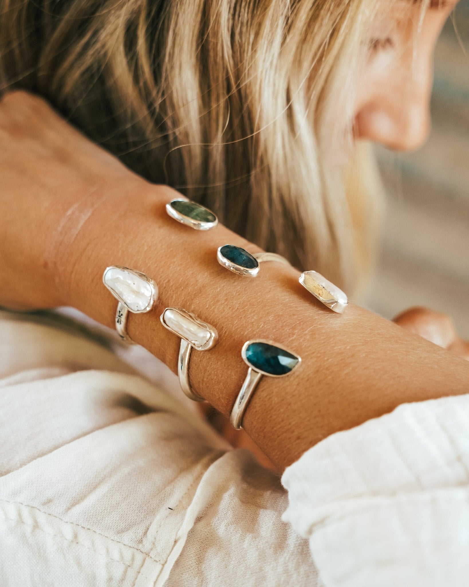 The Canyon Wrap Cuff in Pearl & Kyanite - Golden Road Crafted