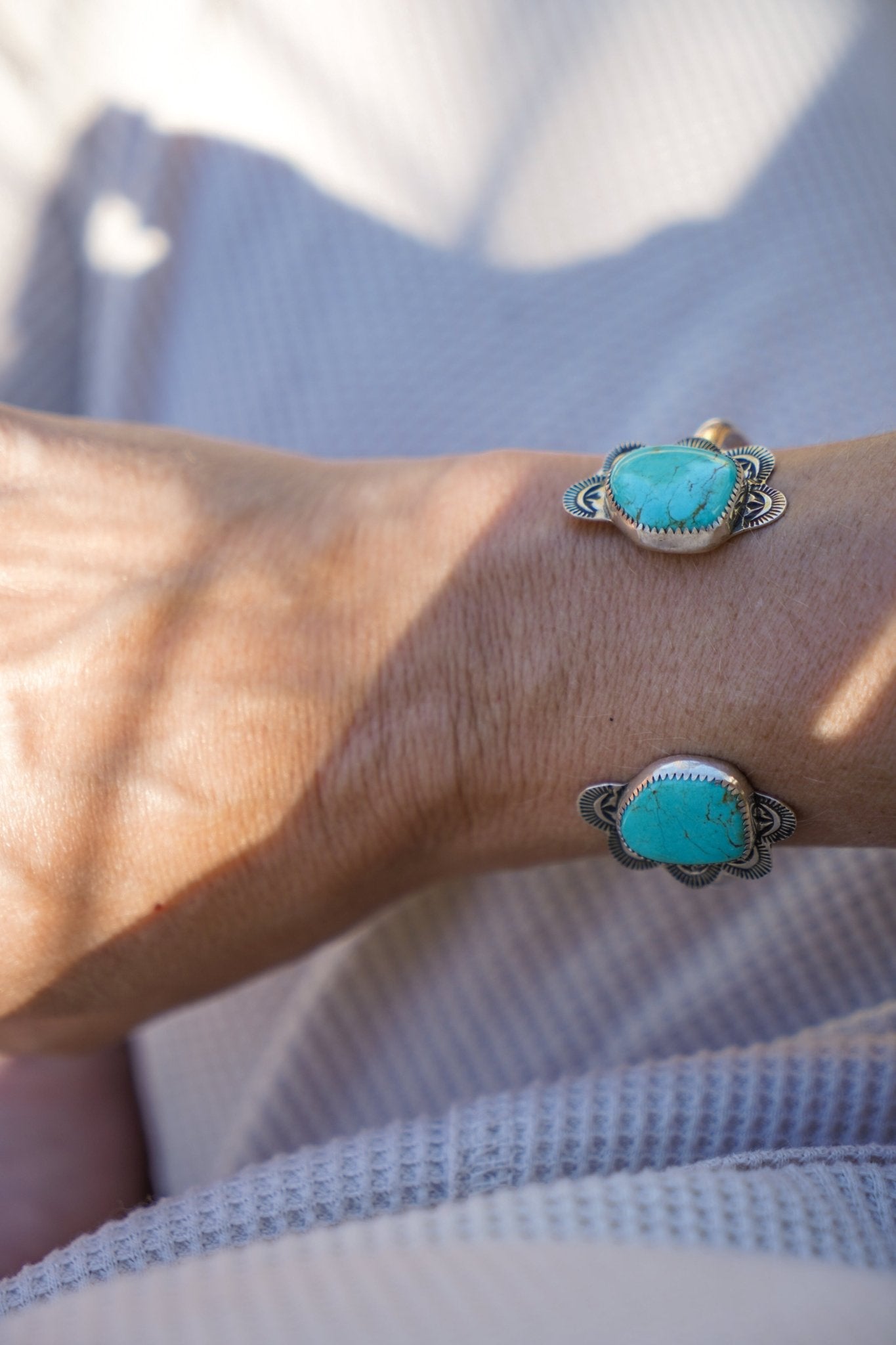 The Canyon Wrap Cuff in Tyrone Turquoise - Golden Road Crafted