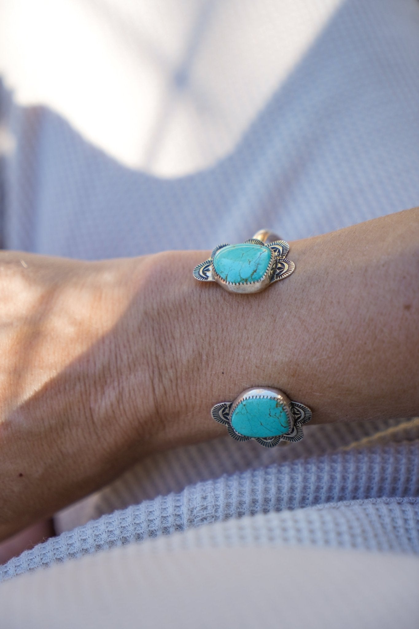 The Canyon Wrap Cuff in Tyrone Turquoise - Golden Road Crafted