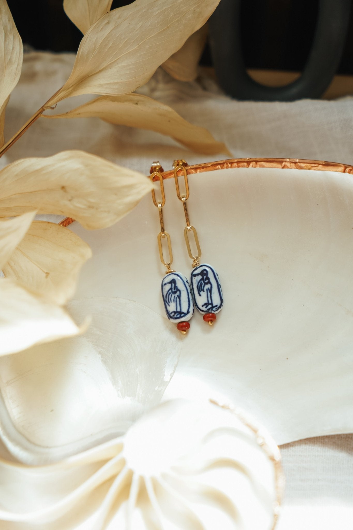 The Cartouche Drops with Hand - Painted Beads + Red Jasper in 14k Gold - Fill - Golden Road Crafted