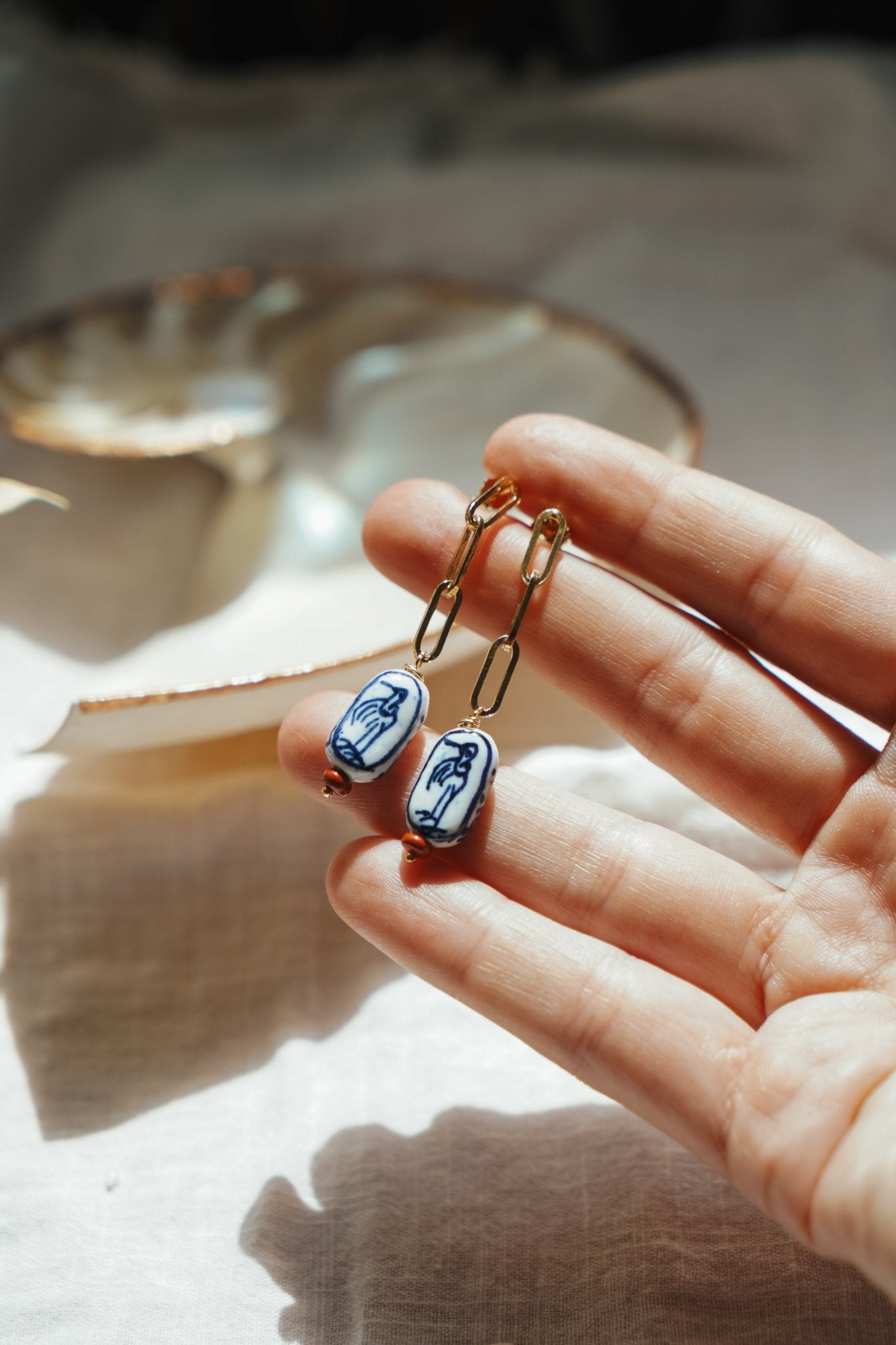 The Cartouche Drops with Hand - Painted Beads + Red Jasper in 14k Gold - Fill - Golden Road Crafted