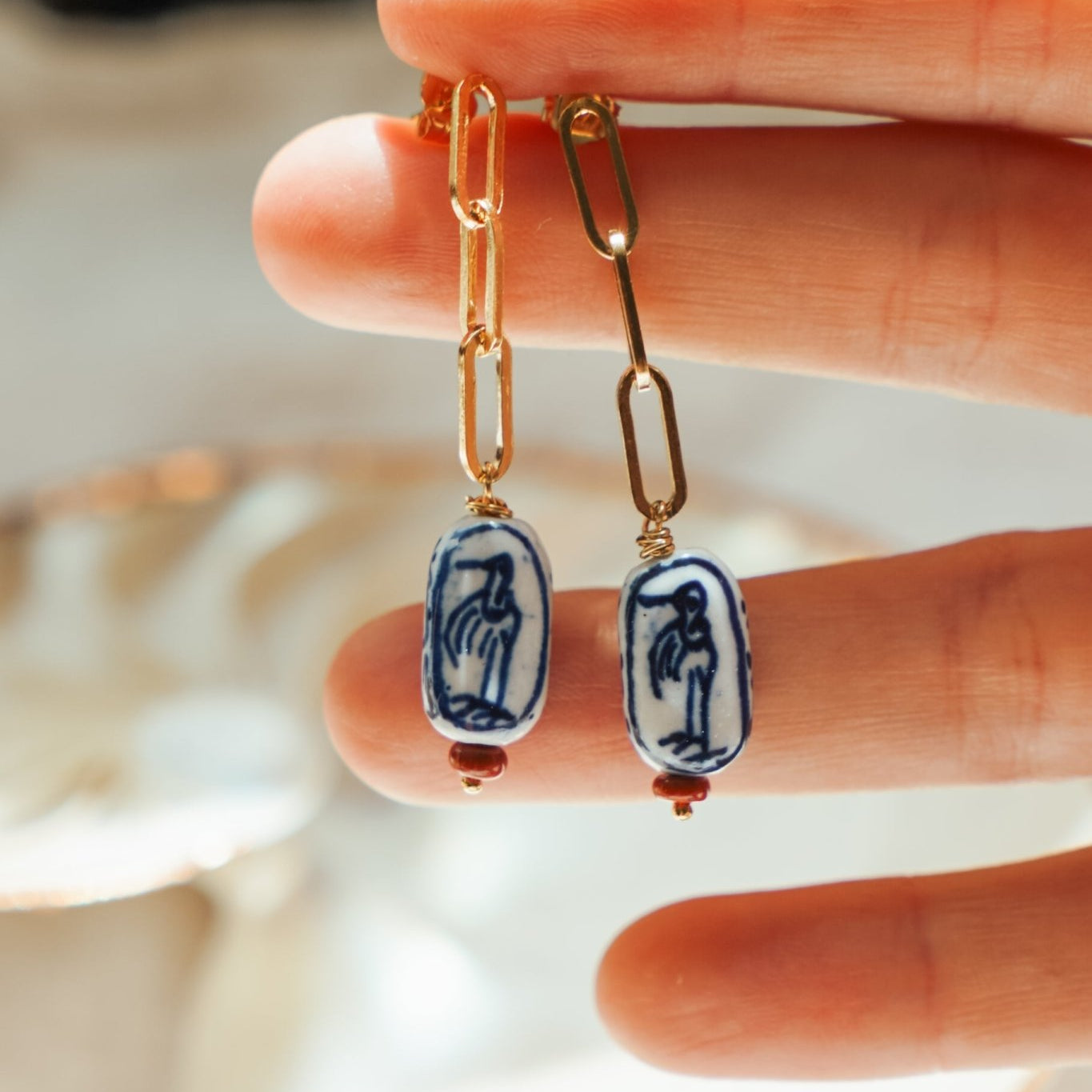 The Cartouche Drops with Hand - Painted Beads + Red Jasper in 14k Gold - Fill - Golden Road Crafted