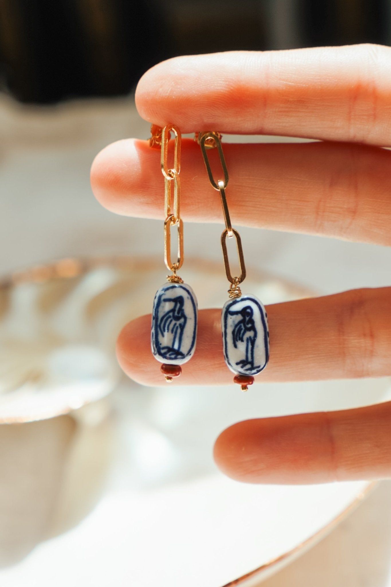 The Cartouche Drops with Hand - Painted Beads + Red Jasper in 14k Gold - Fill - Golden Road Crafted