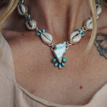 The Charged Tide Necklace in Larimar, Lone Mtn Turquoise, & Cowrie Shell - Golden Road Crafted