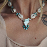 The Charged Tide Necklace in Larimar, Lone Mtn Turquoise, & Cowrie Shell - Golden Road Crafted