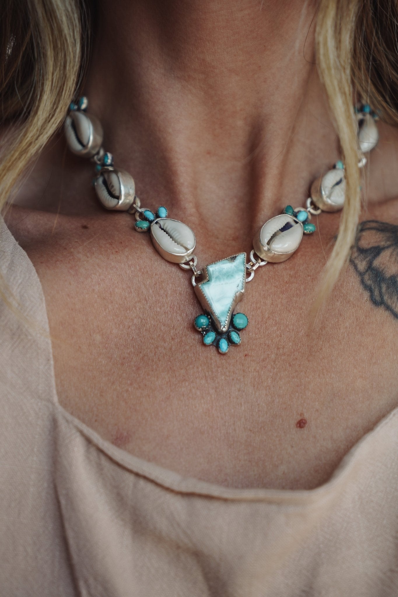 The Charged Tide Necklace in Larimar, Lone Mtn Turquoise, & Cowrie Shell - Golden Road Crafted