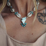 The Charged Tide Necklace in Larimar, Lone Mtn Turquoise, & Cowrie Shell - Golden Road Crafted