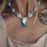 The Charged Tide Necklace in Larimar, Lone Mtn Turquoise, & Cowrie Shell - Golden Road Crafted