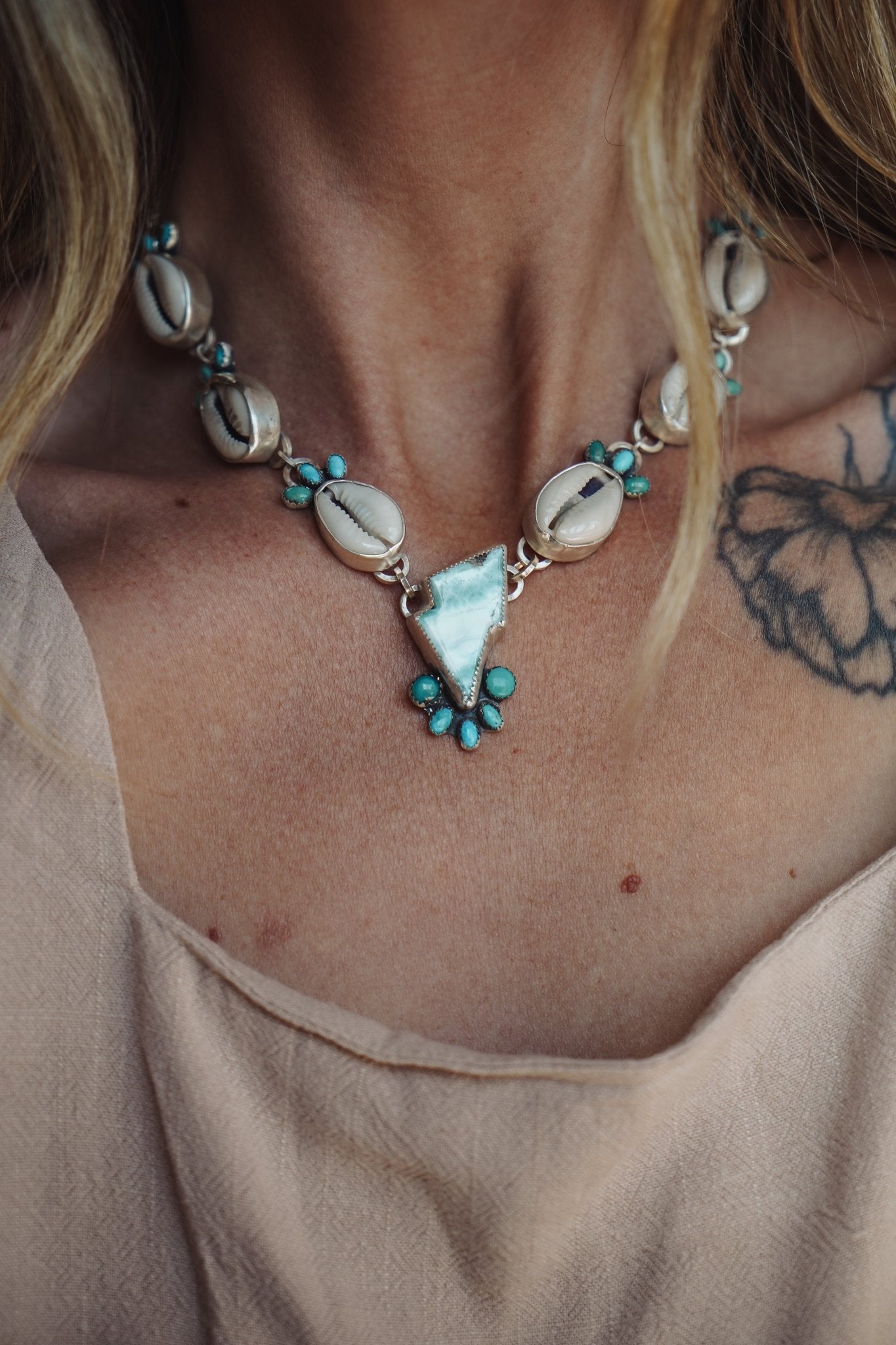 The Charged Tide Necklace in Larimar, Lone Mtn Turquoise, & Cowrie Shell - Golden Road Crafted
