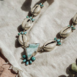 The Charged Tide Necklace in Larimar, Lone Mtn Turquoise, & Cowrie Shell - Golden Road Crafted