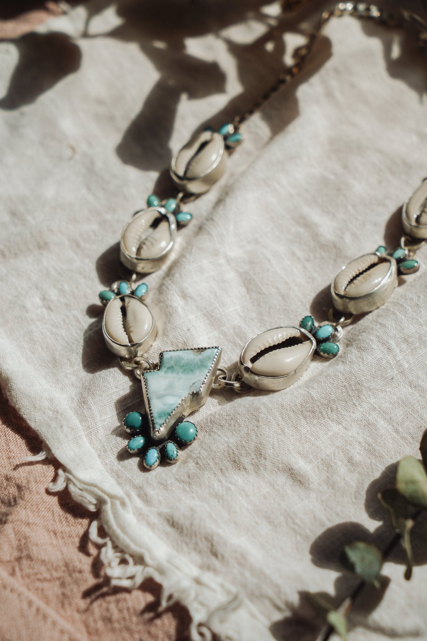 The Charged Tide Necklace in Larimar, Lone Mtn Turquoise, & Cowrie Shell - Golden Road Crafted