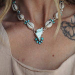 The Charged Tide Necklace in Larimar, Lone Mtn Turquoise, & Cowrie Shell - Golden Road Crafted
