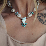 The Charged Tide Necklace in Larimar, Lone Mtn Turquoise, & Cowrie Shell - Golden Road Crafted